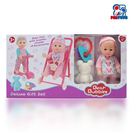 طقم دمية بيبي ديلوكس مع عربة وسكوتر وإكسسوارات