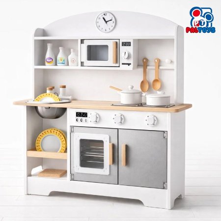 مطبخ أطفال خشبي متكامل – فرن + ميكرويف + حوض + إكسسوارات حجم كبير